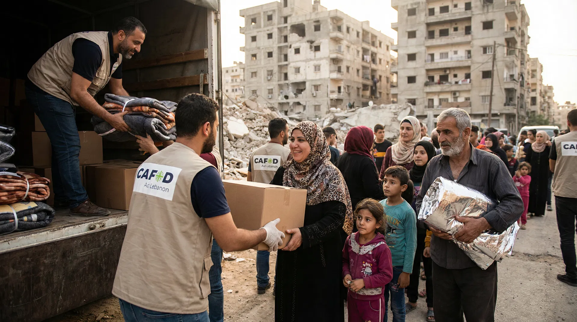 CAFOD aid workers distributing food boxes and blankets to displaced families in Lebanon