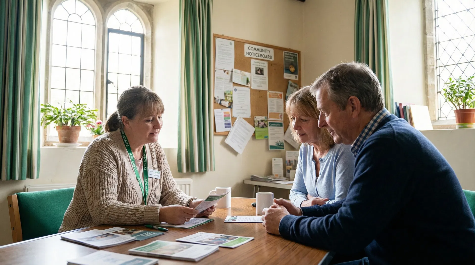 Two people at a desk receiving debt advice from a community money adviser in a church setting