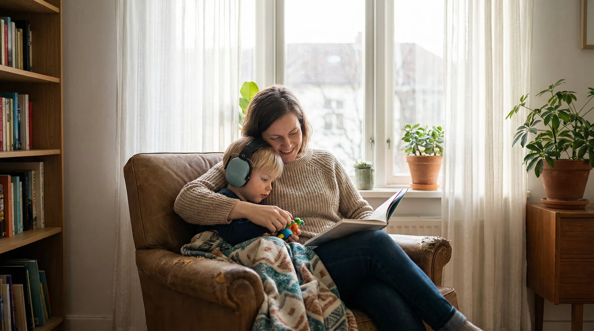 Parent sitting quietly with a child with additional needs in soft natural light
