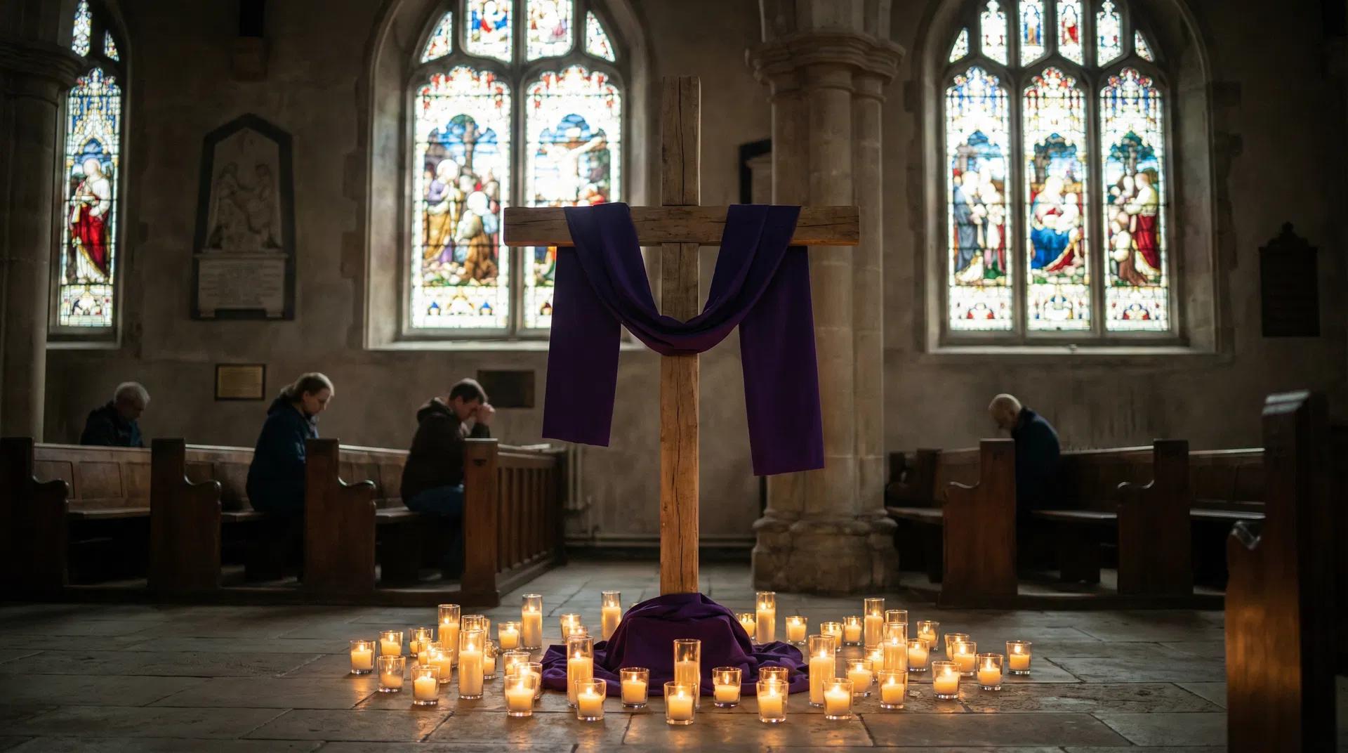 Candles and cross in candlelight