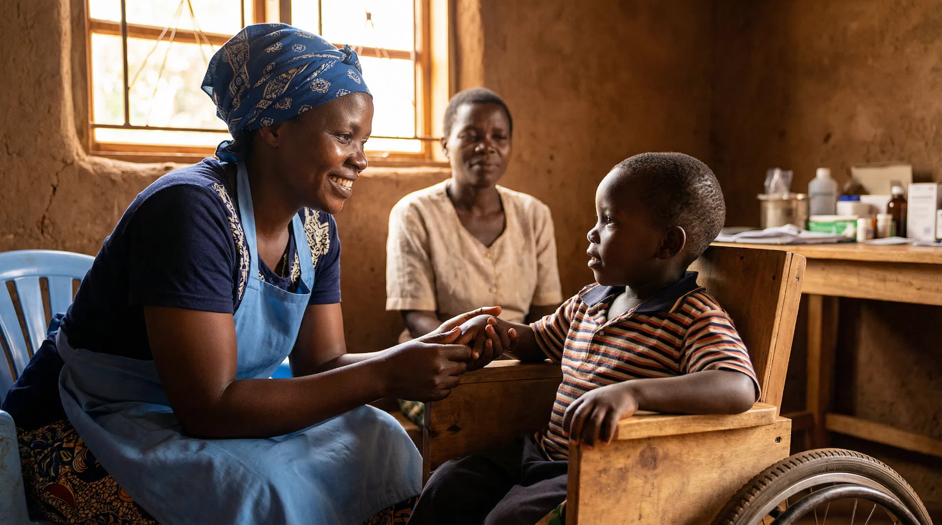 Child with a disability receiving healthcare support in a rural African clinic