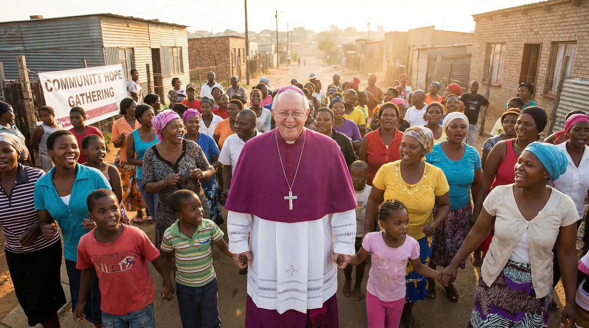 Archbishop in purple vestments standing with a diverse community in a South African township setting
