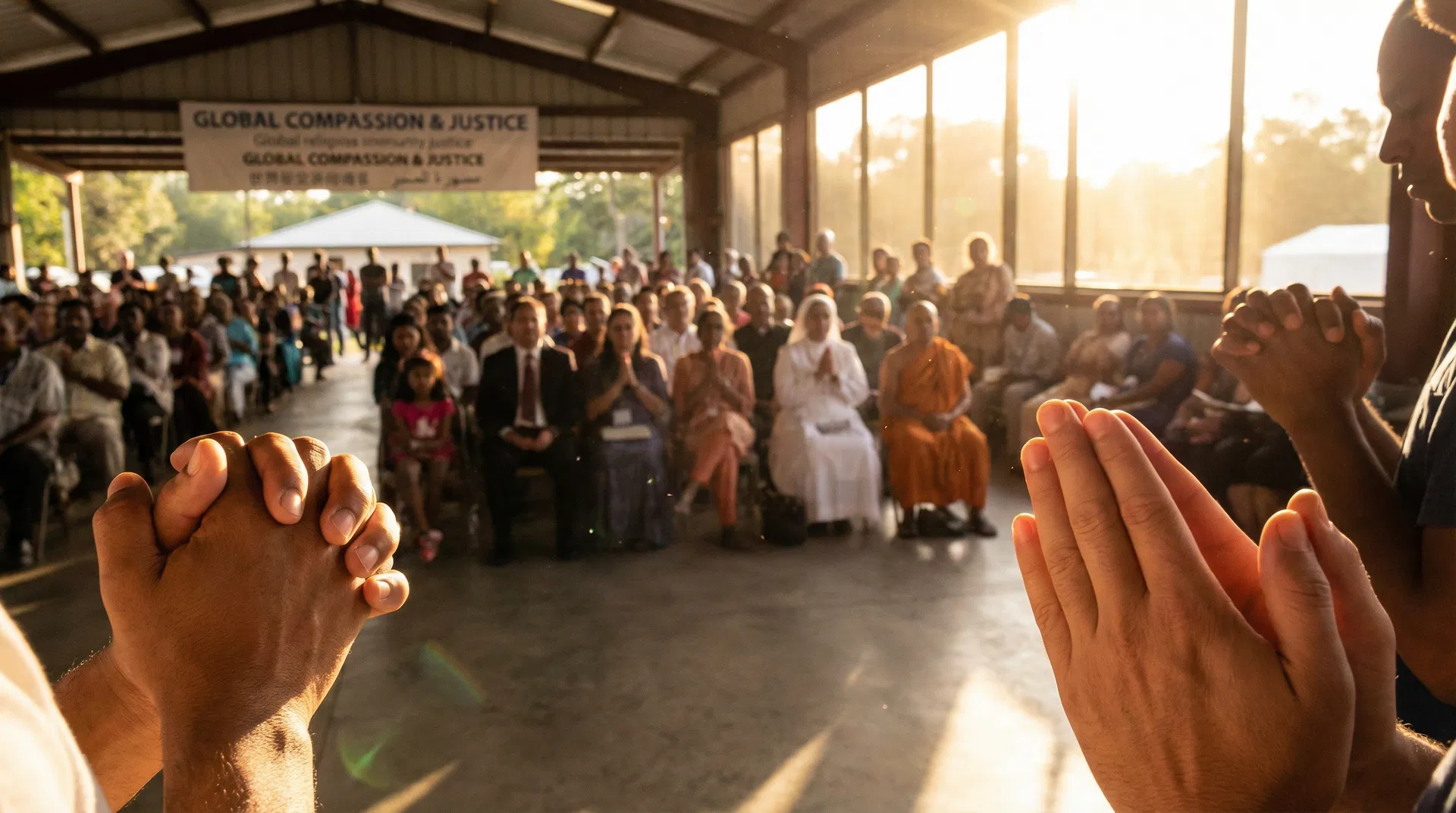 Hands in prayer with light