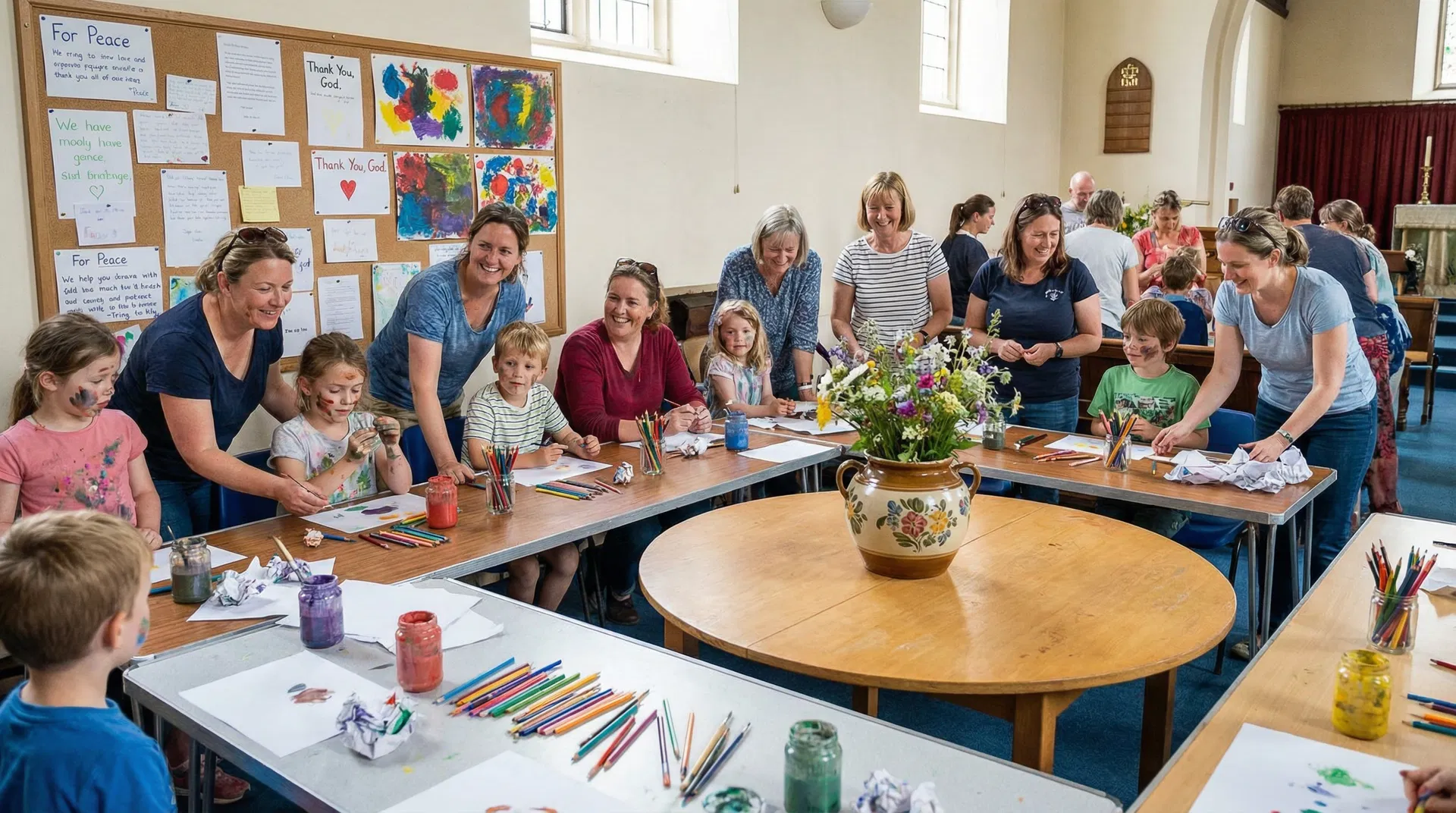 Children and adults creating colourful artwork and writing prayers at a church community event for Christian Aid