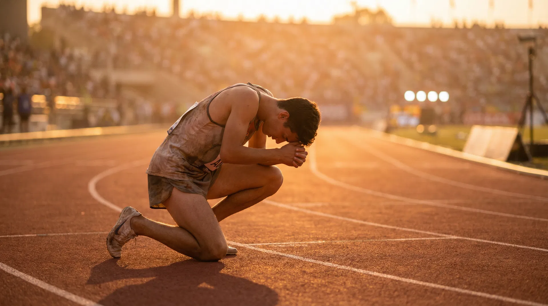 A young athlete kneeling on an athletics track in a moment of prayer after a race, golden hour light