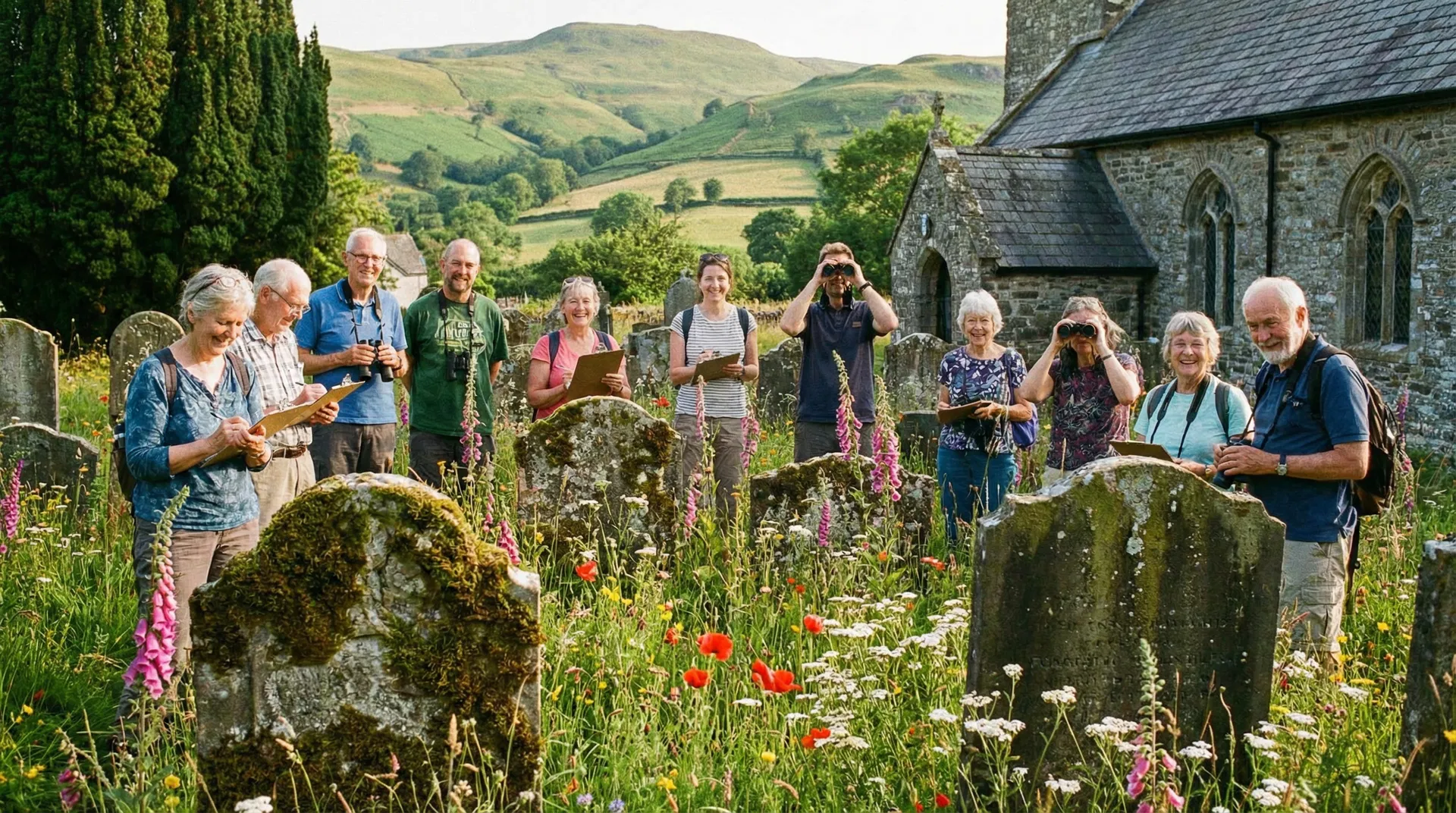 Volunteers in a Welsh churchyard recording wildlife species, spring sunshine