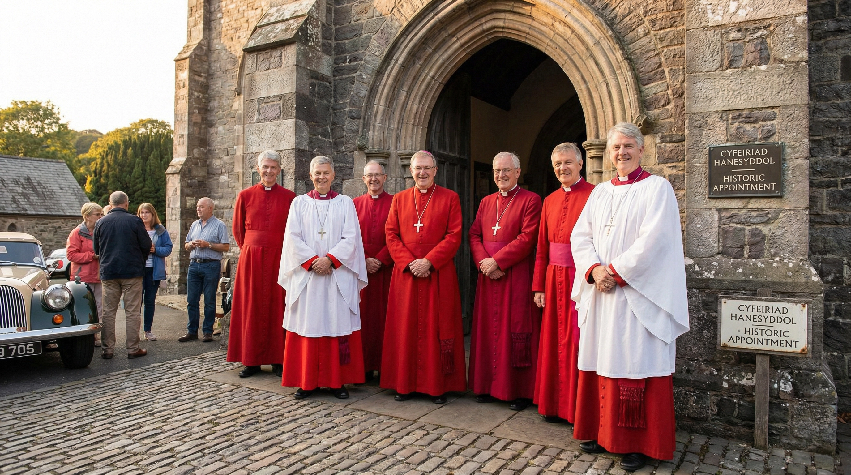 Senior Church in Wales clerics in scarlet cassocks standing outside a Welsh cathedral