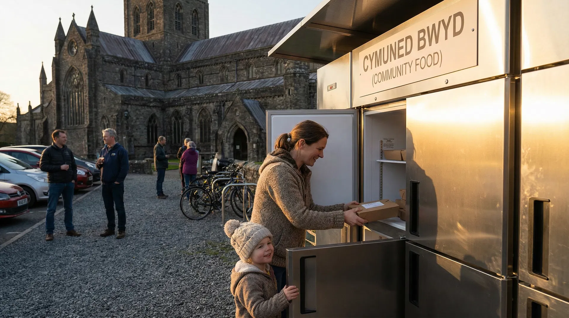 Refrigerated food lockers next to a medieval Welsh cathedral