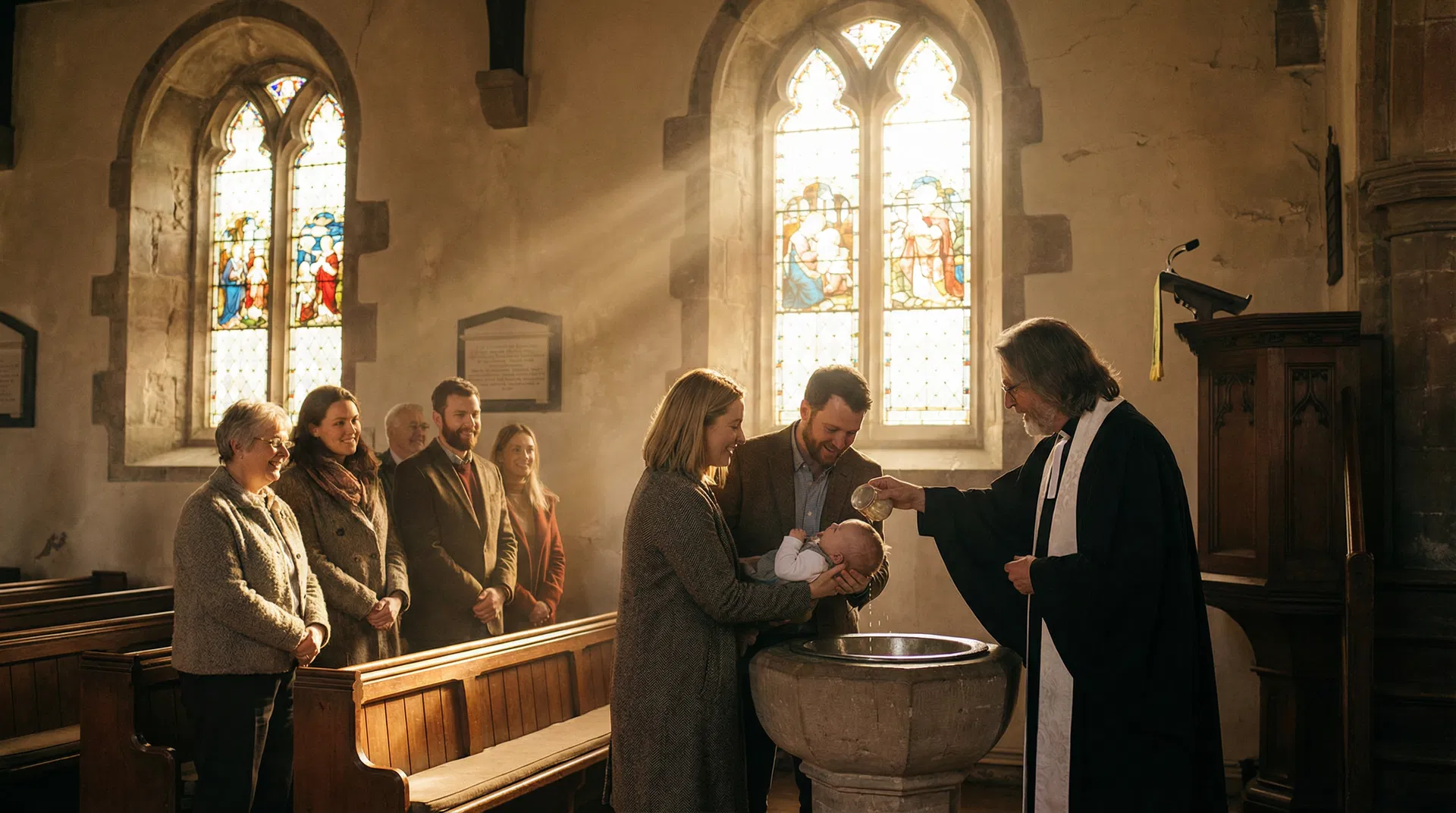 A minister performing a baptism in a Scottish parish church with congregation watching warmly