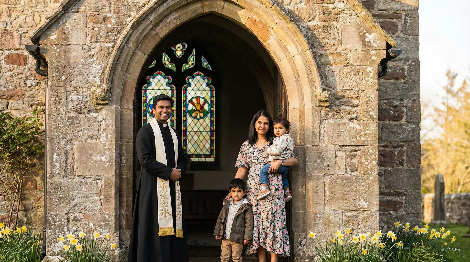 A young South Asian minister with his family at a Scottish stone church