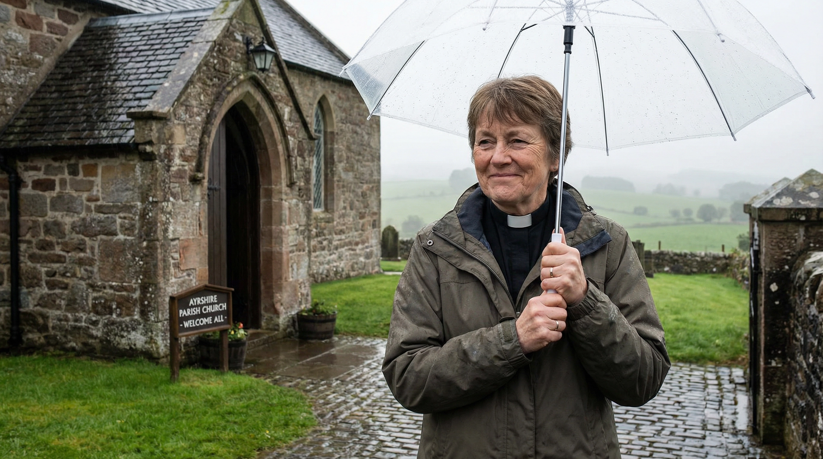 Female minister with warm smile standing outside a stone Scottish church in green Ayrshire countryside