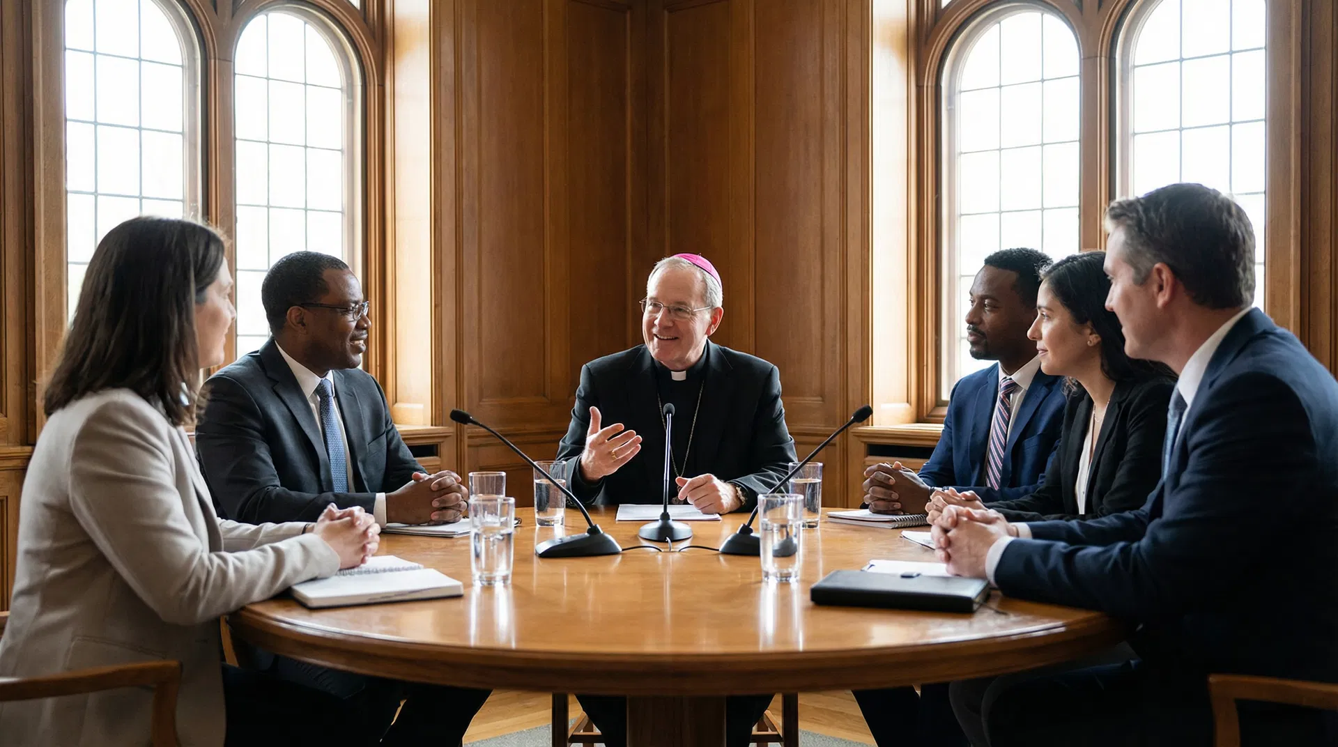 A bishop leading a round-table meeting with civic leaders