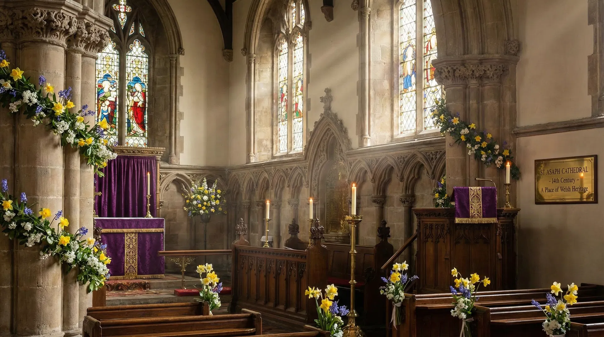 St Asaph Cathedral with spring flowers
