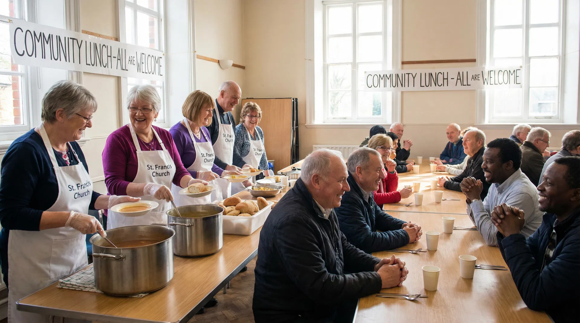 Church volunteers serving food at a community lunch, smiling and connecting with guests