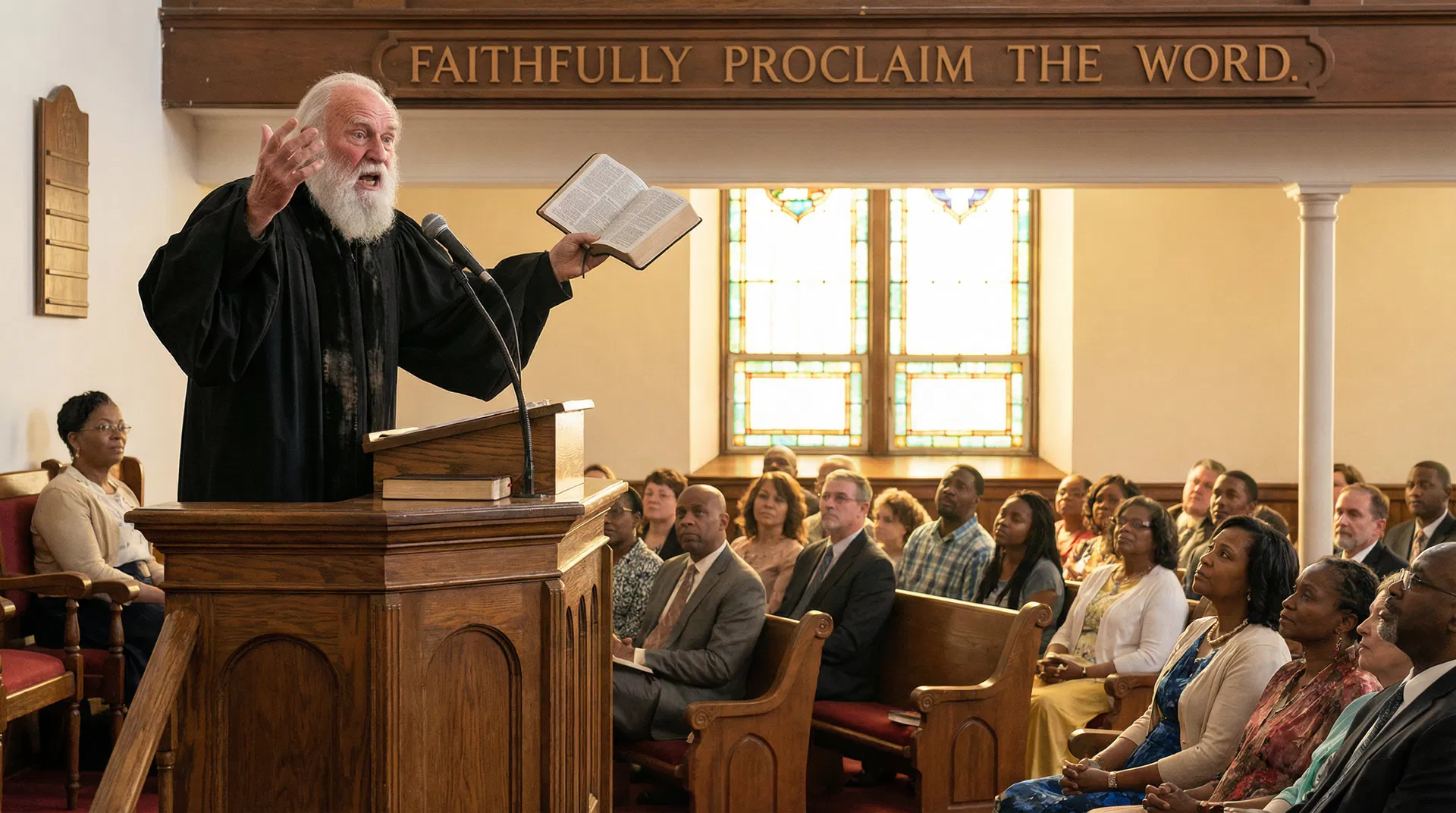 A preacher in a pulpit addressing a congregation