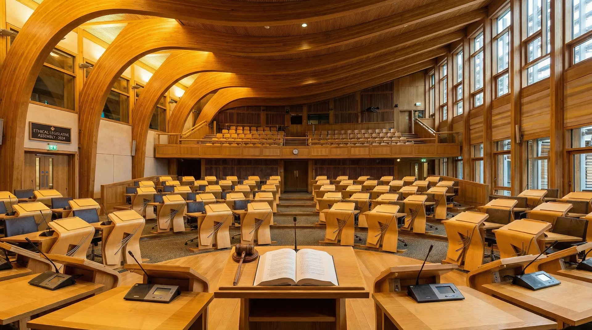 The Scottish Parliament chamber, empty and lit, representing the legislative debate on assisted dying