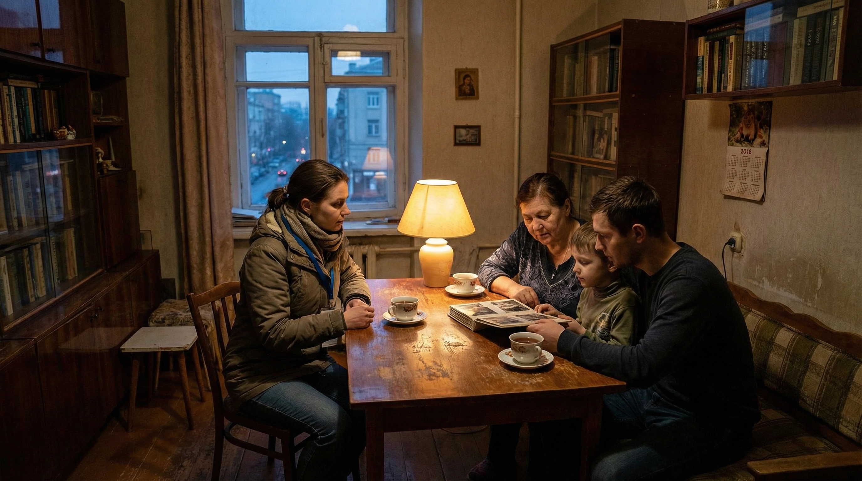 Female mission worker sitting with a Ukrainian family in a simple apartment in Kyiv