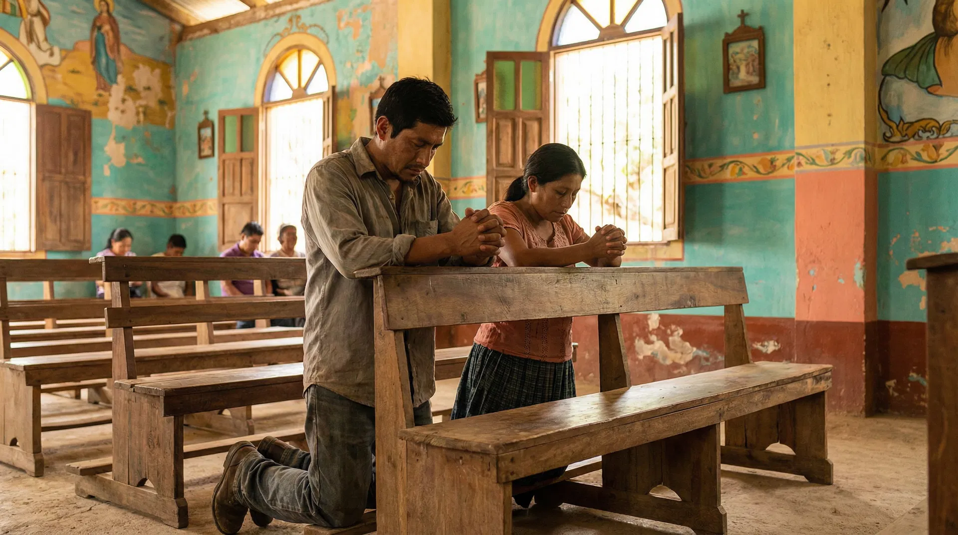 A couple praying together in a simple Guatemalan church building with colourful walls