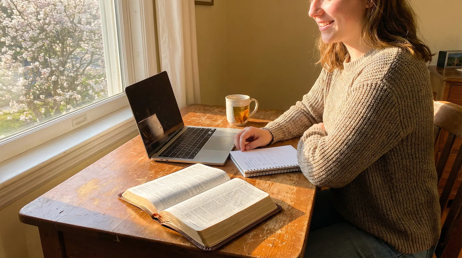 A person studying at a desk with an open Bible and laptop, spring light through a window