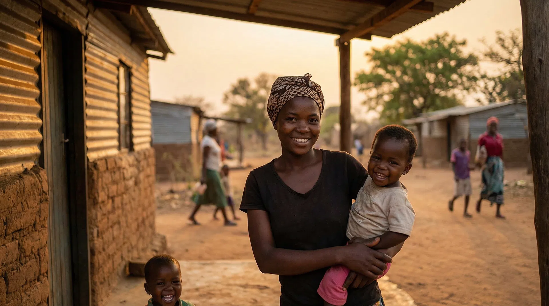 Young African mother with her children outside a simple home, smiling with dignity and hope