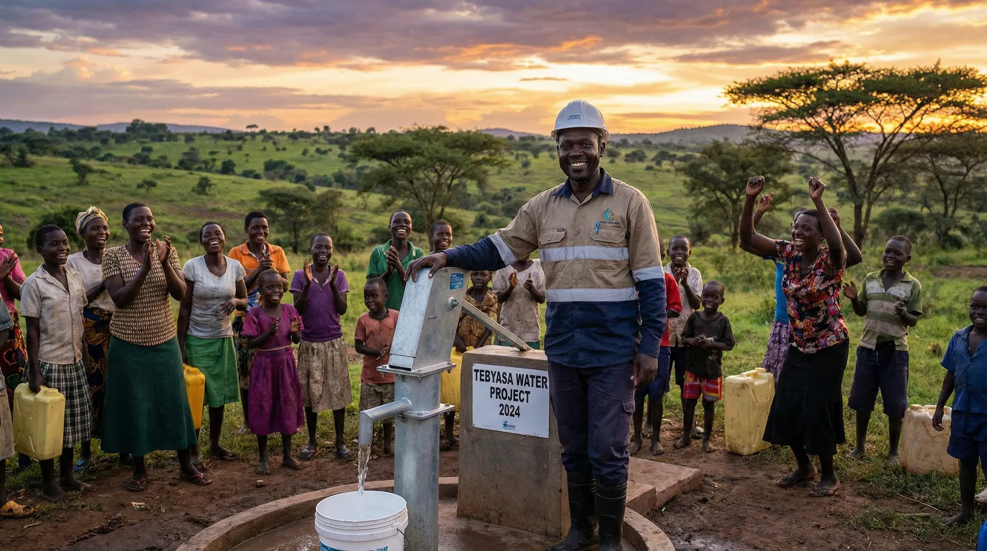 James Tebyasa with water borehole in Uganda