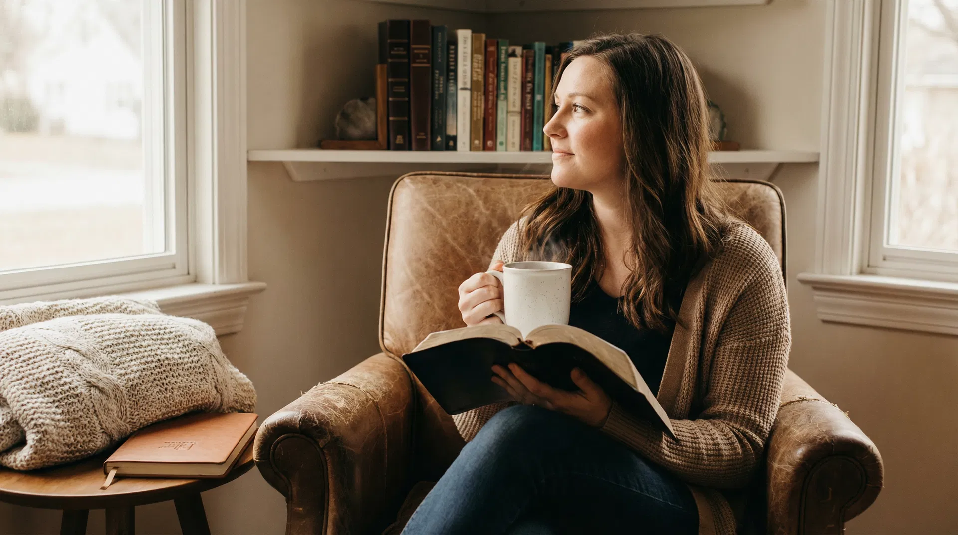 A person reading the Bible in a quiet, reflective home setting