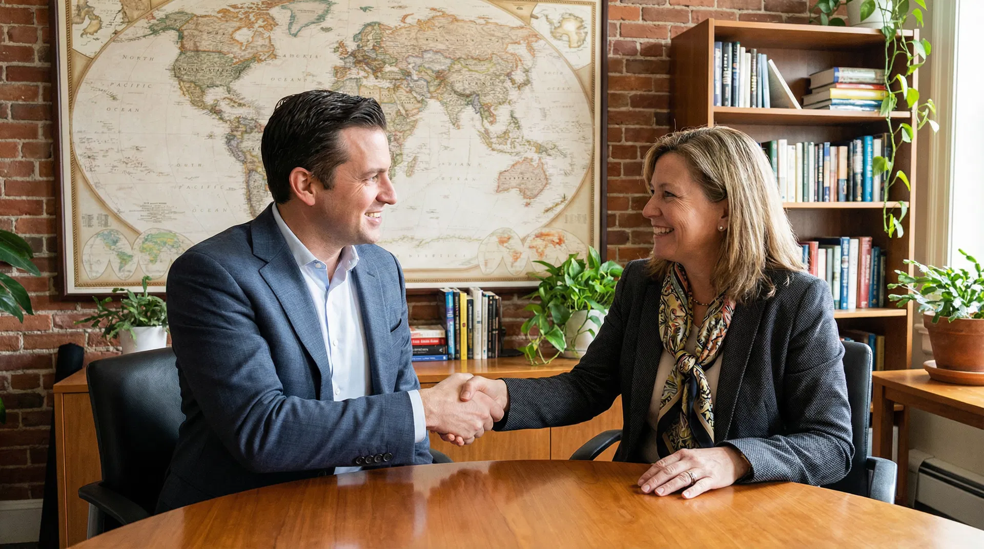 Two people shaking hands across a table with a world map in the background