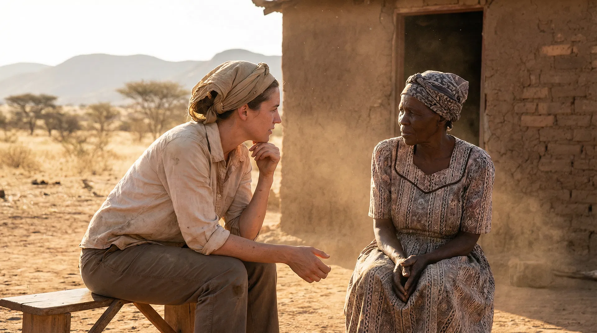 A mission worker sitting with a local community member in an African village, sharing a conversation