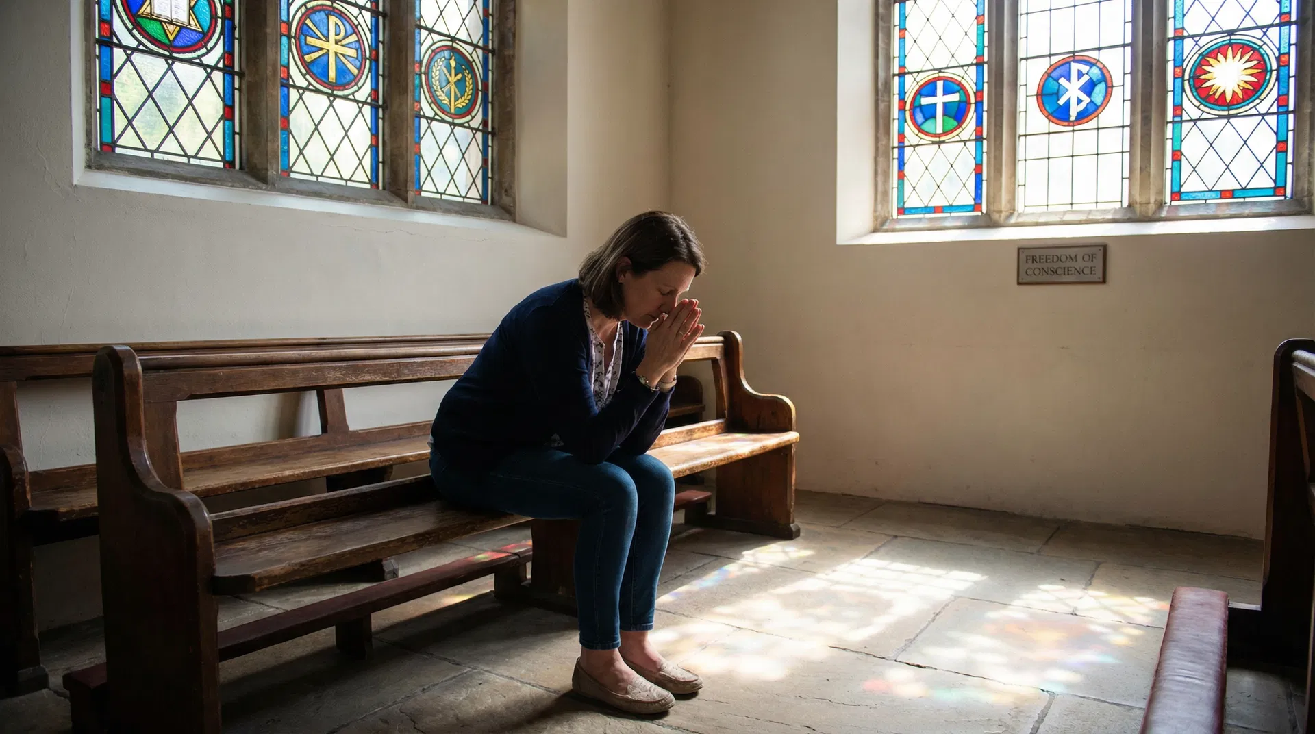 A person in prayer with hands clasped in a church or prayer room, symbolising religious freedom and conscience