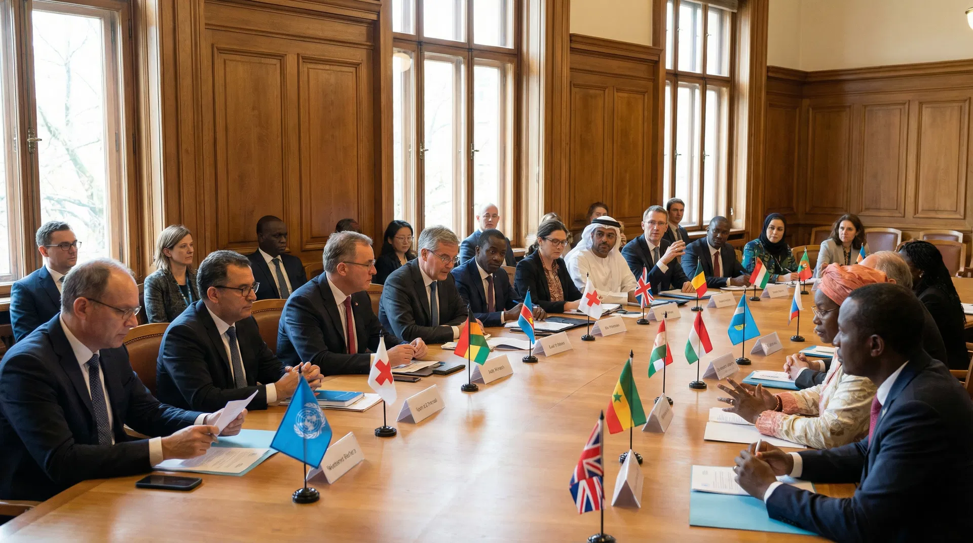International diplomats at a conference table with national flags