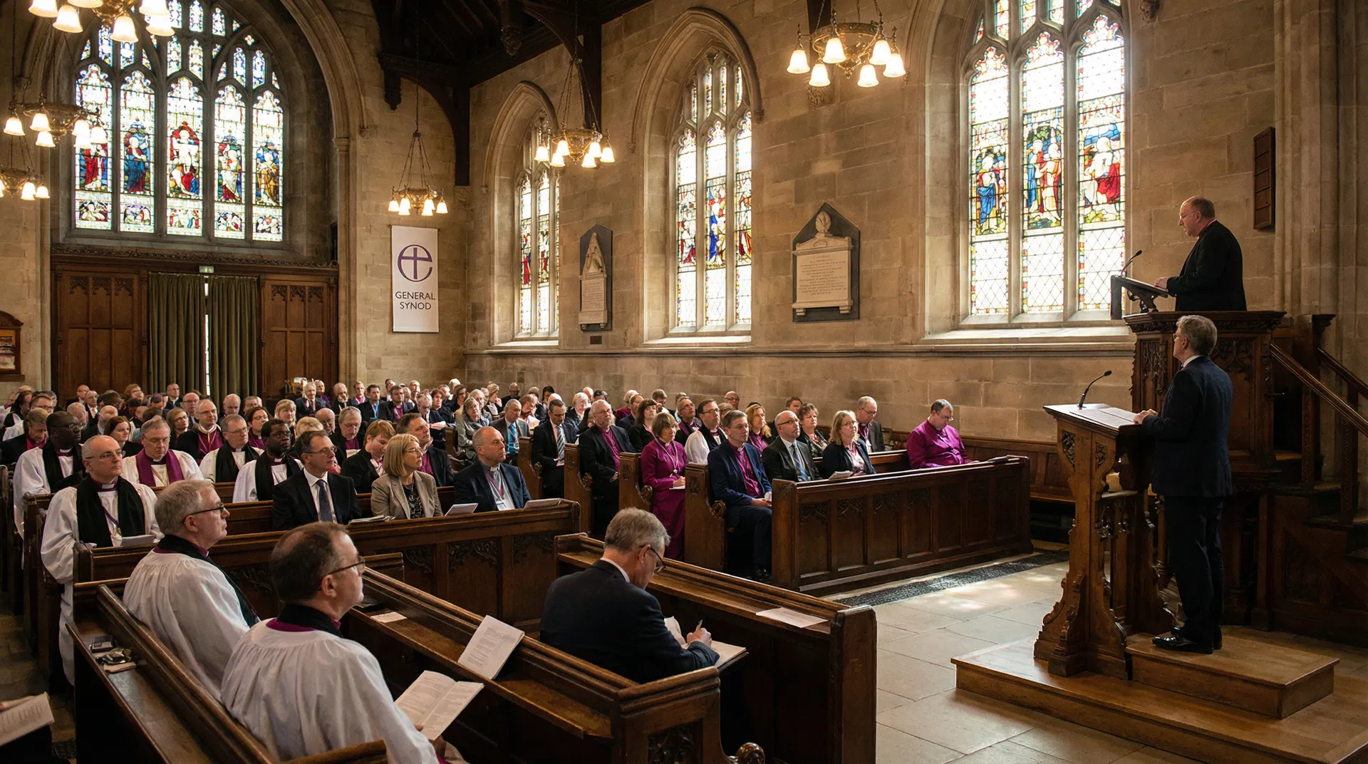 Church of England General Synod in session in a historic church hall with stained glass windows