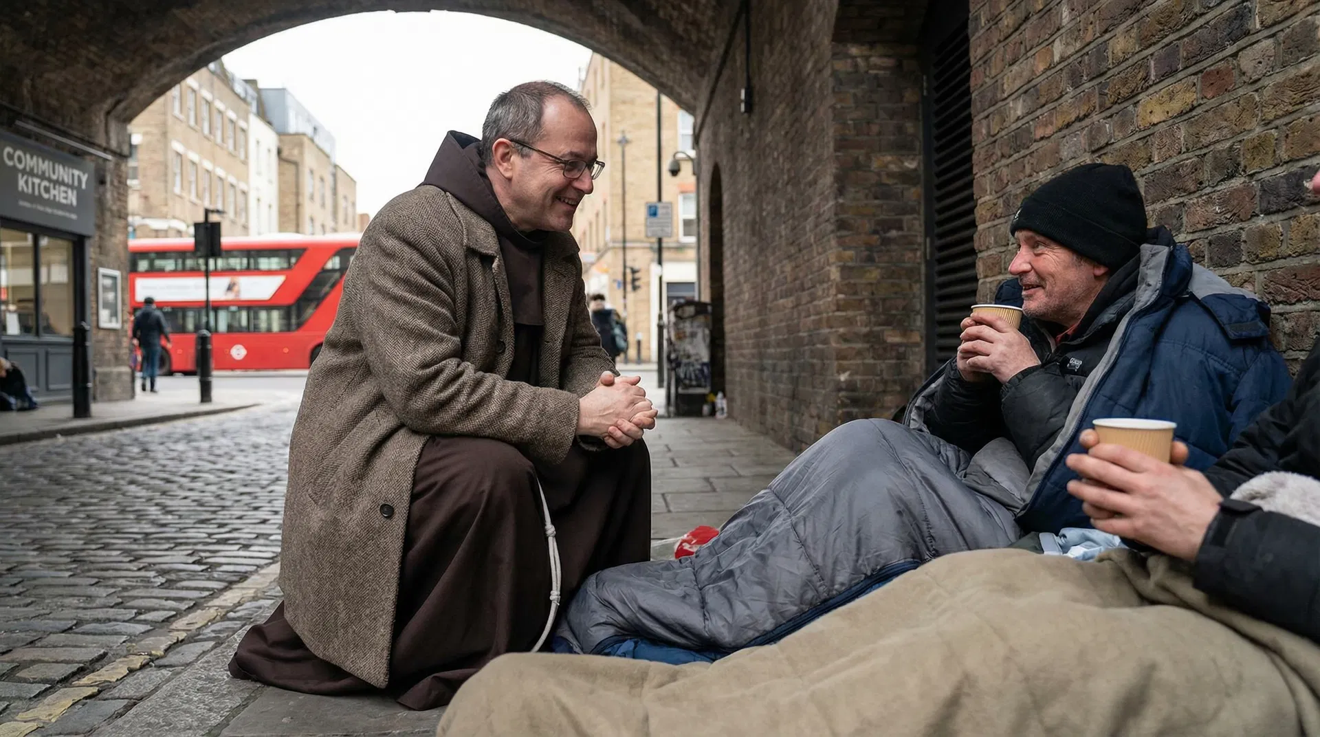 Franciscan friar with homeless individuals