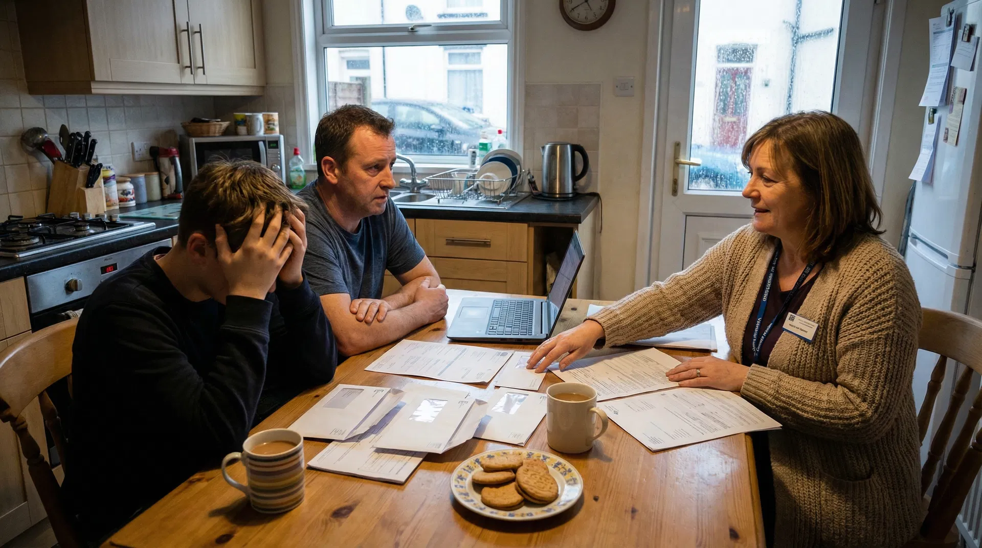 A worried family with bills spread on a kitchen table, a debt advisor offering support
