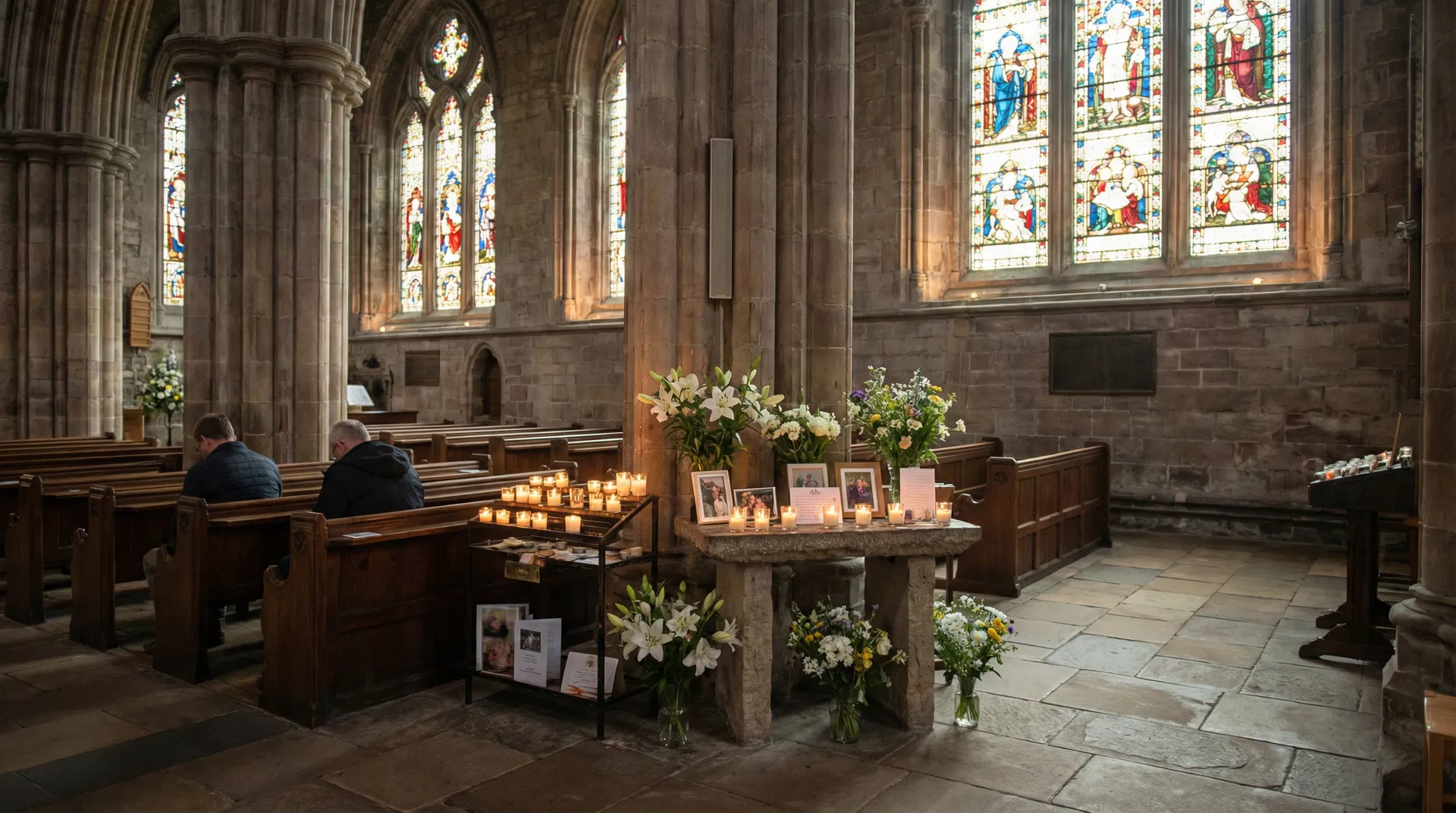 Dunblane Cathedral interior with candles lit in remembrance, flowers and memorial tributes