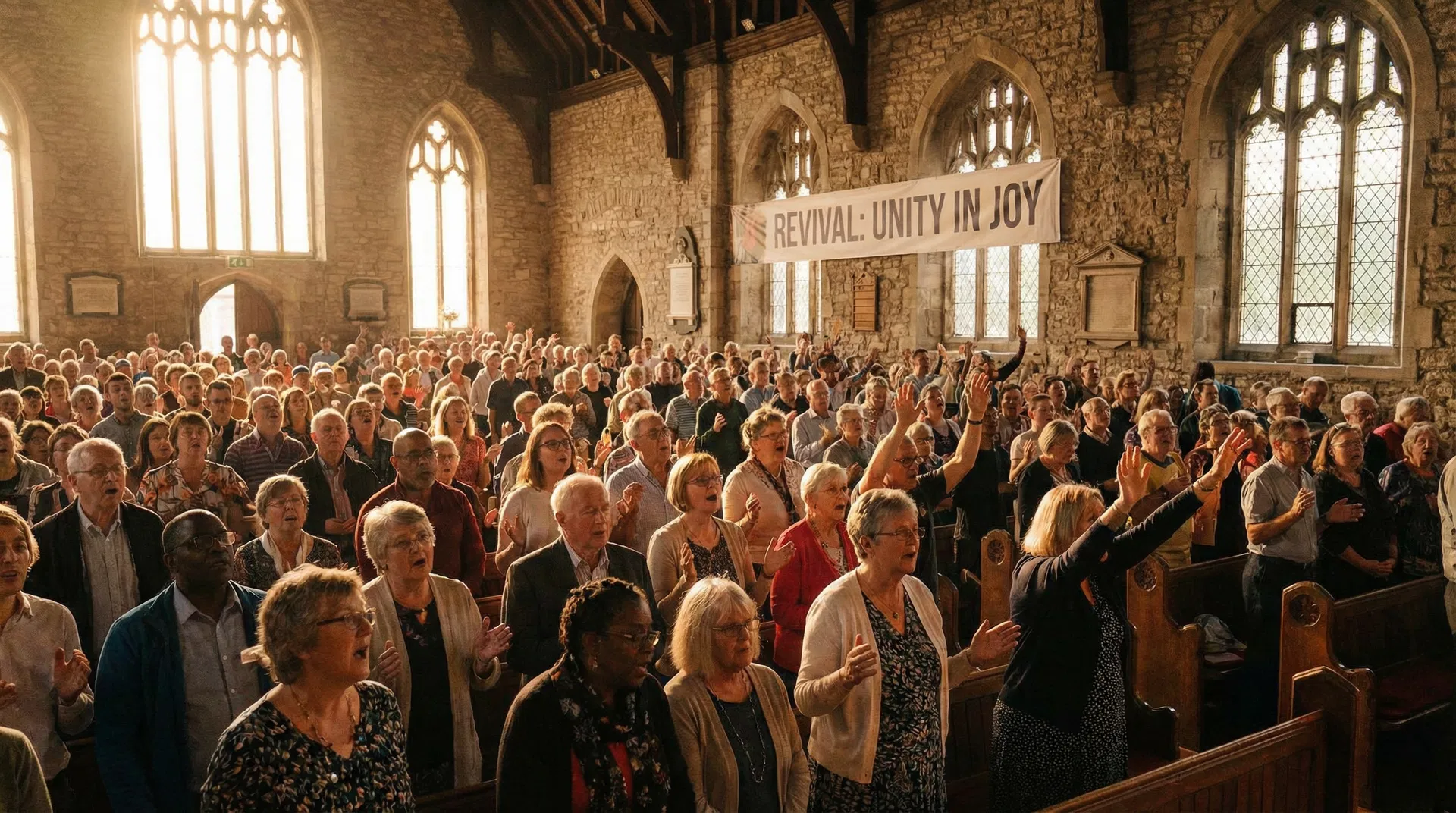 A packed church congregation in worship, hands raised, warm light, diverse crowd