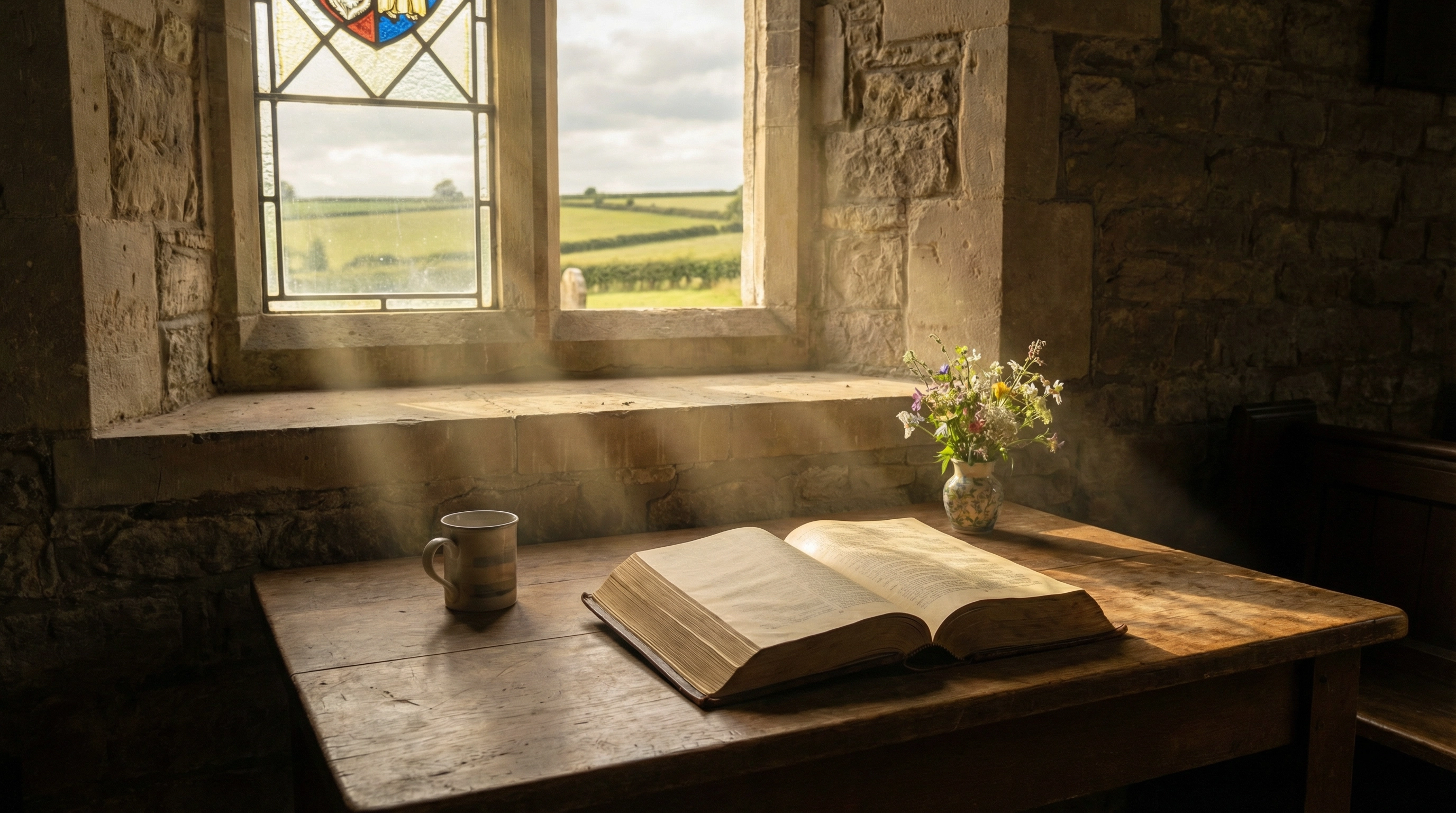 Open Bible on a wooden table, soft light, sense of truth and healing, quiet pastoral setting