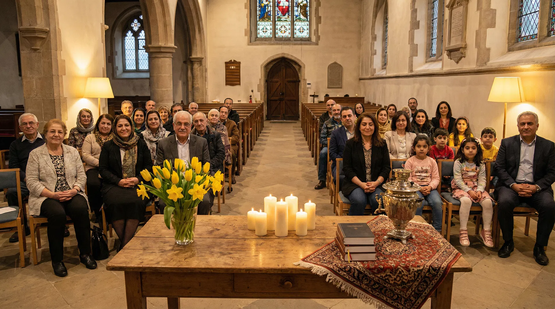 A group of Iranian Christians gathered for a worship service in a European church with spring flowers and candles