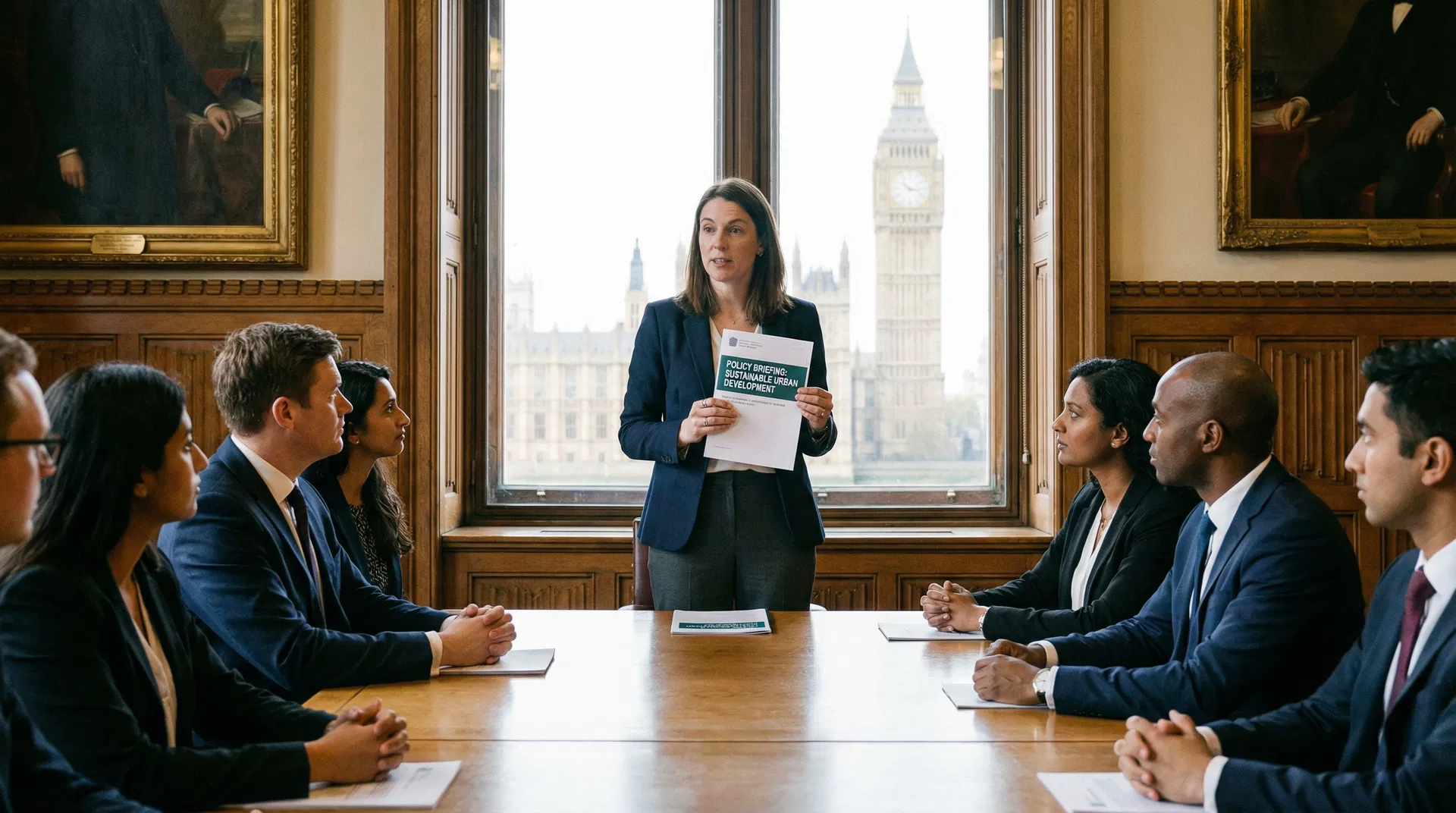 A professional woman presenting a policy briefing document in a formal meeting room near Westminster