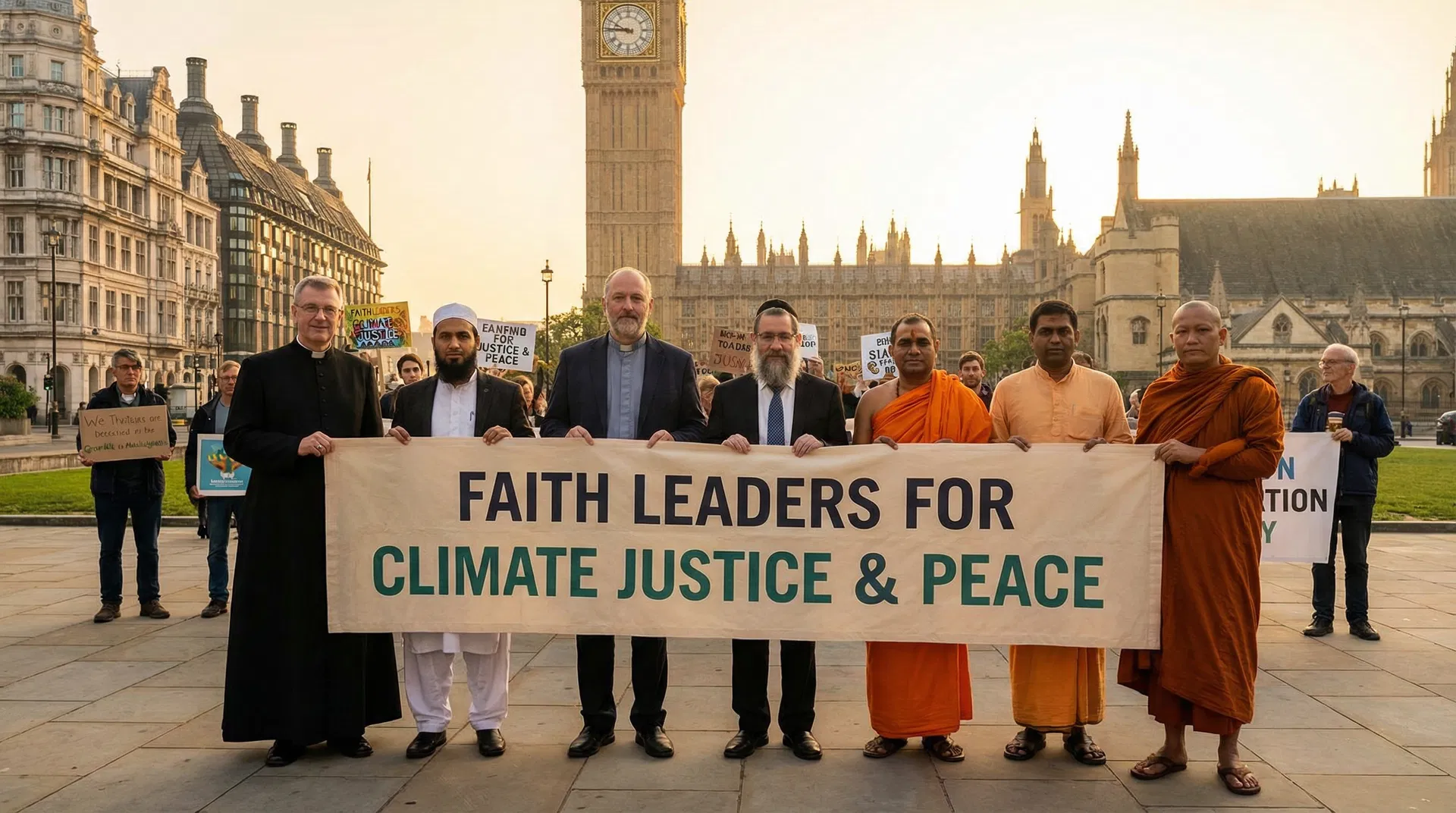 Faith leaders standing outside Parliament holding a banner in support of refugee family reunion