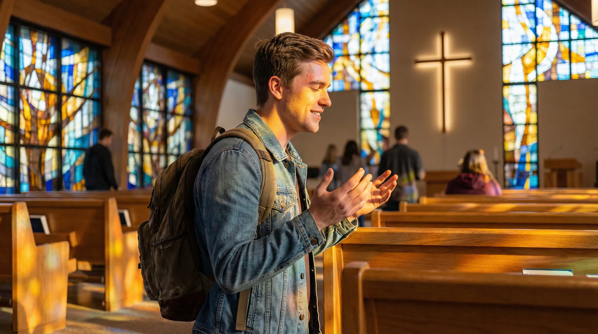 Young man praying in church with stained glass windows