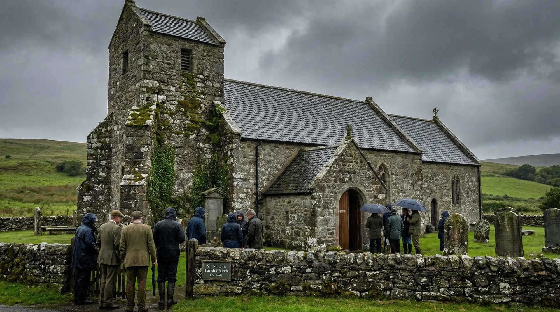 Historic stone church building in rural Scotland with traditional architecture and green landscape