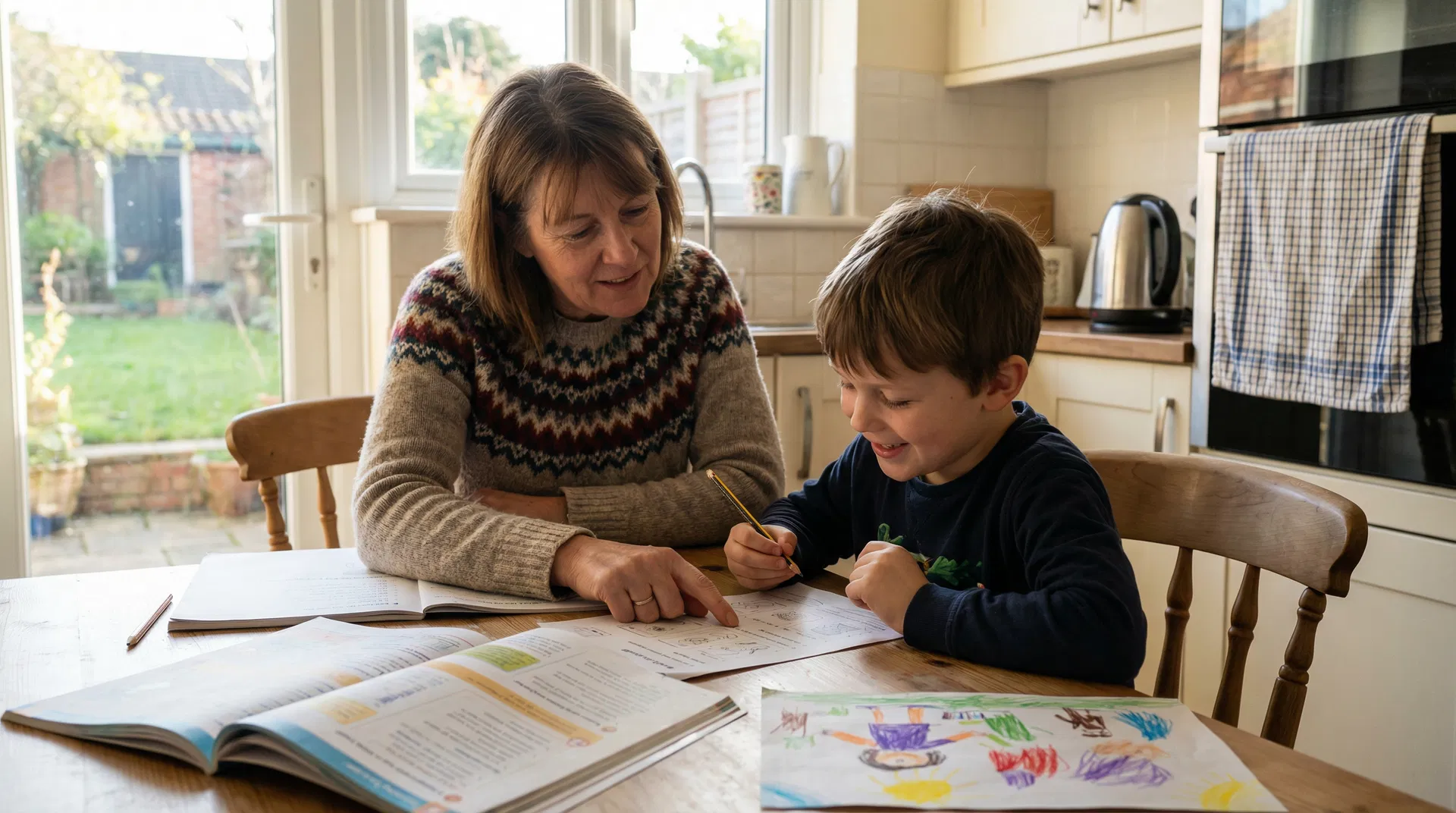 A foster carer helping a child with homework at a kitchen table in a warm UK family home