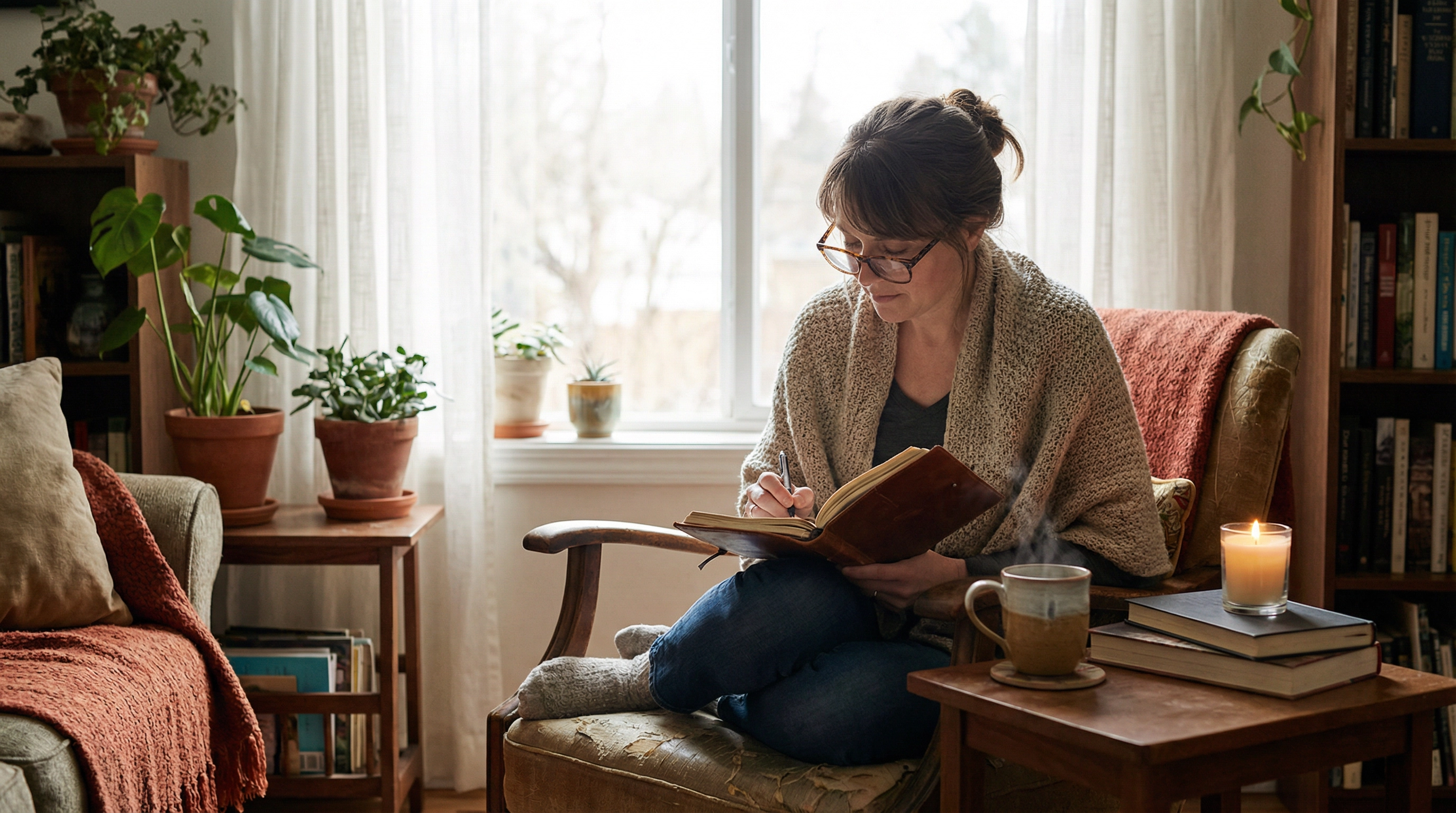 A woman writing in a prayer journal by a window, soft light, sense of reflection and spiritual practice, neurodiversity awareness