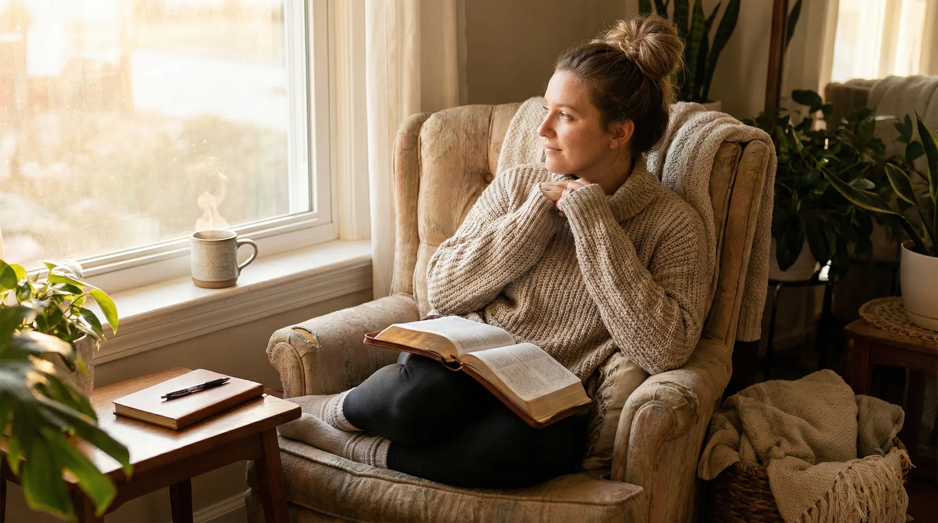 A woman sitting in a cosy armchair by a window with a Bible open on her lap and a journal nearby
