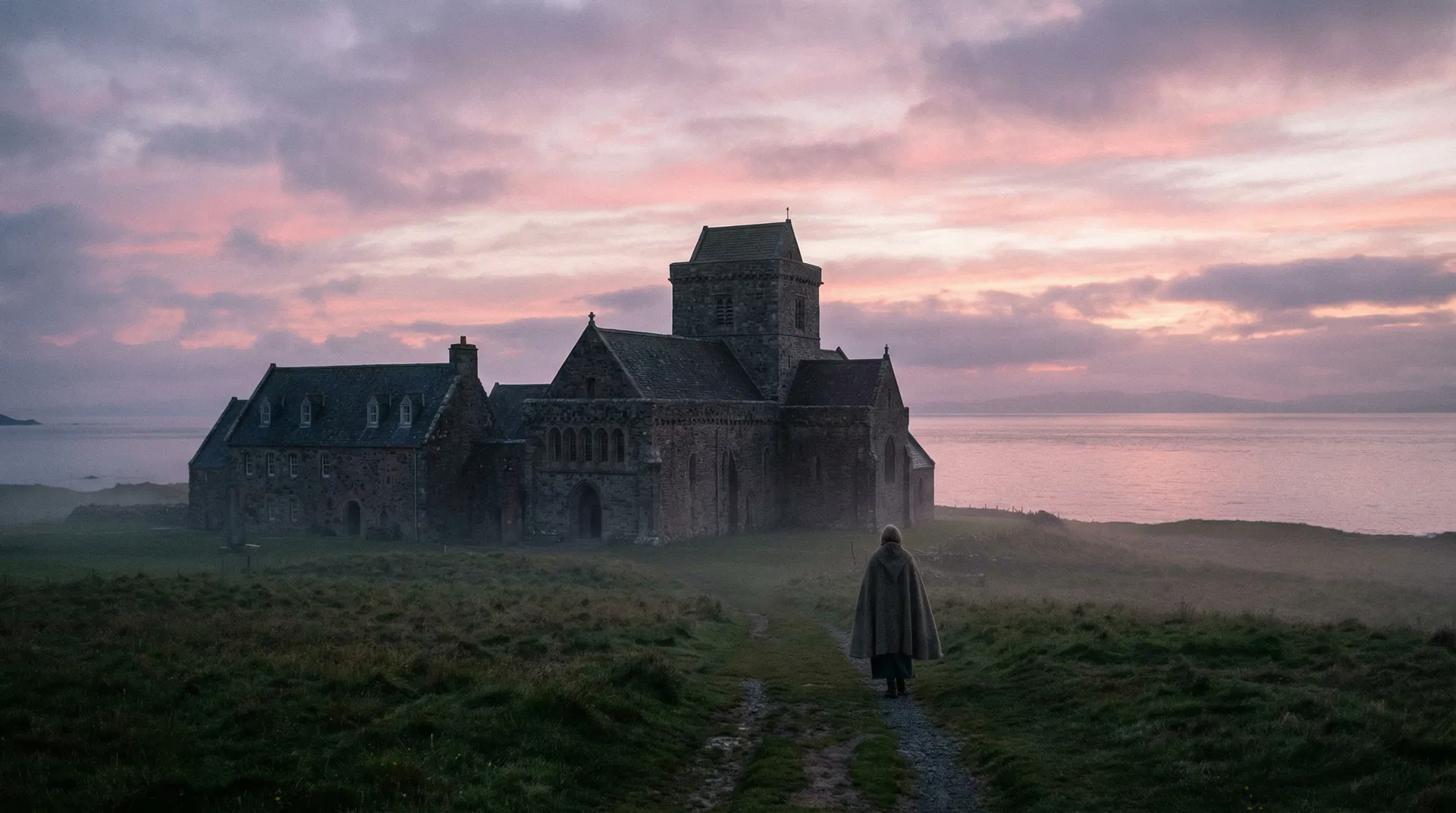 The ancient stone abbey on the island of Iona at dusk with the calm sea visible in the background