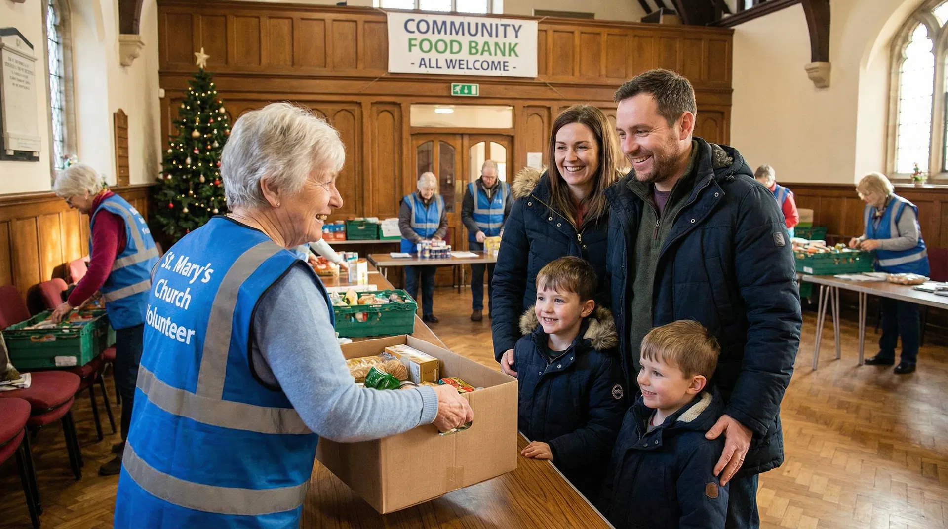 Church volunteer handing a food parcel to a grateful family at a community food bank