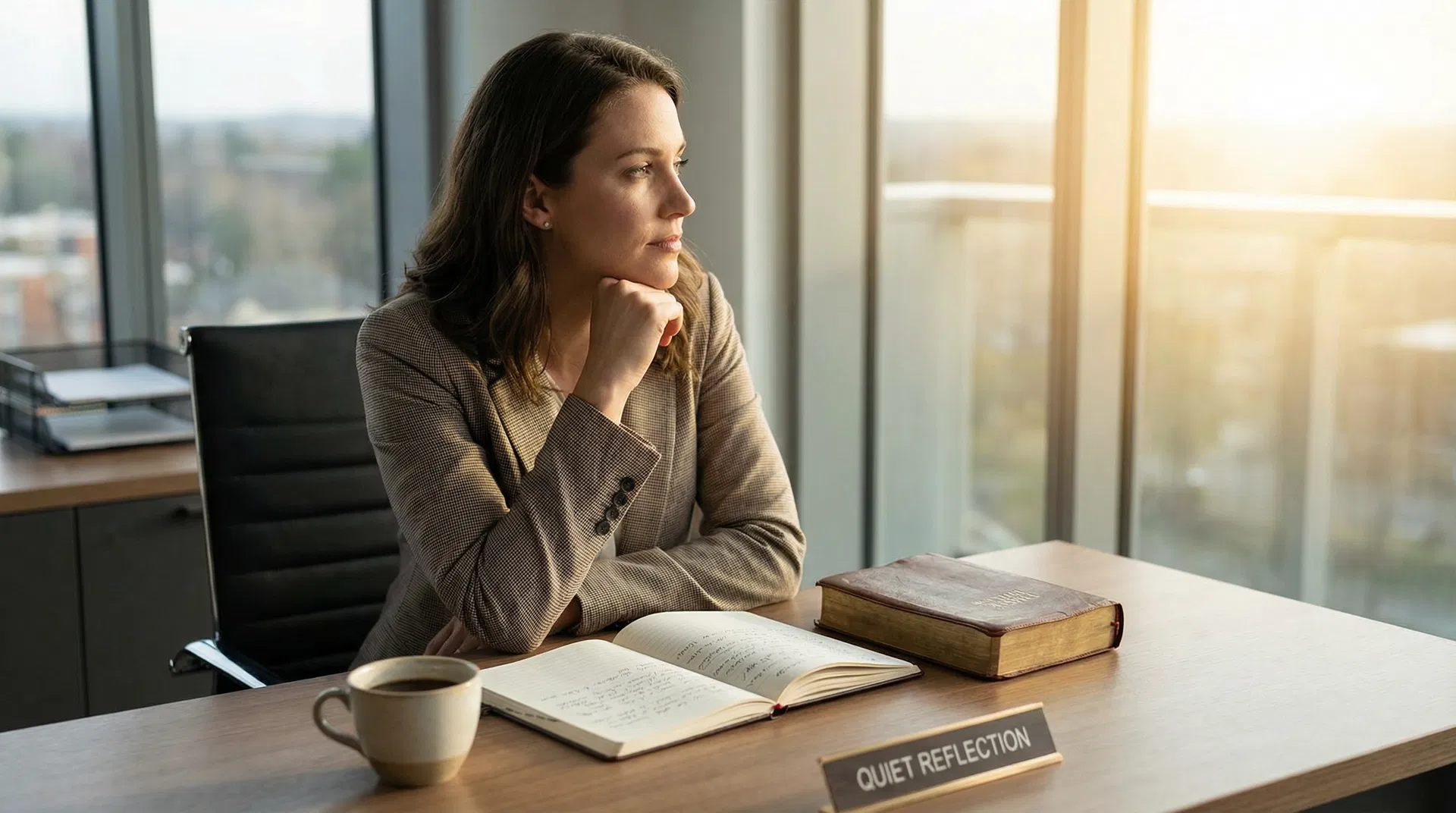 Professional woman in a thoughtful pose in a modern office with open notebook and Bible