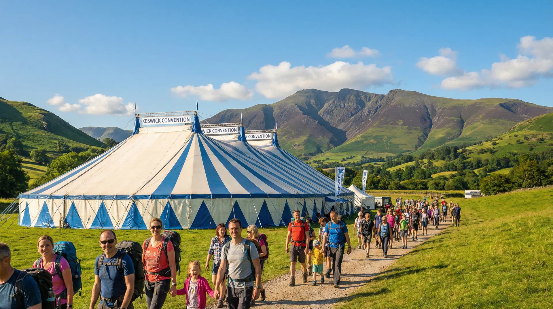 The Keswick Convention tent in the Lake District with mountains in the background on a summer day