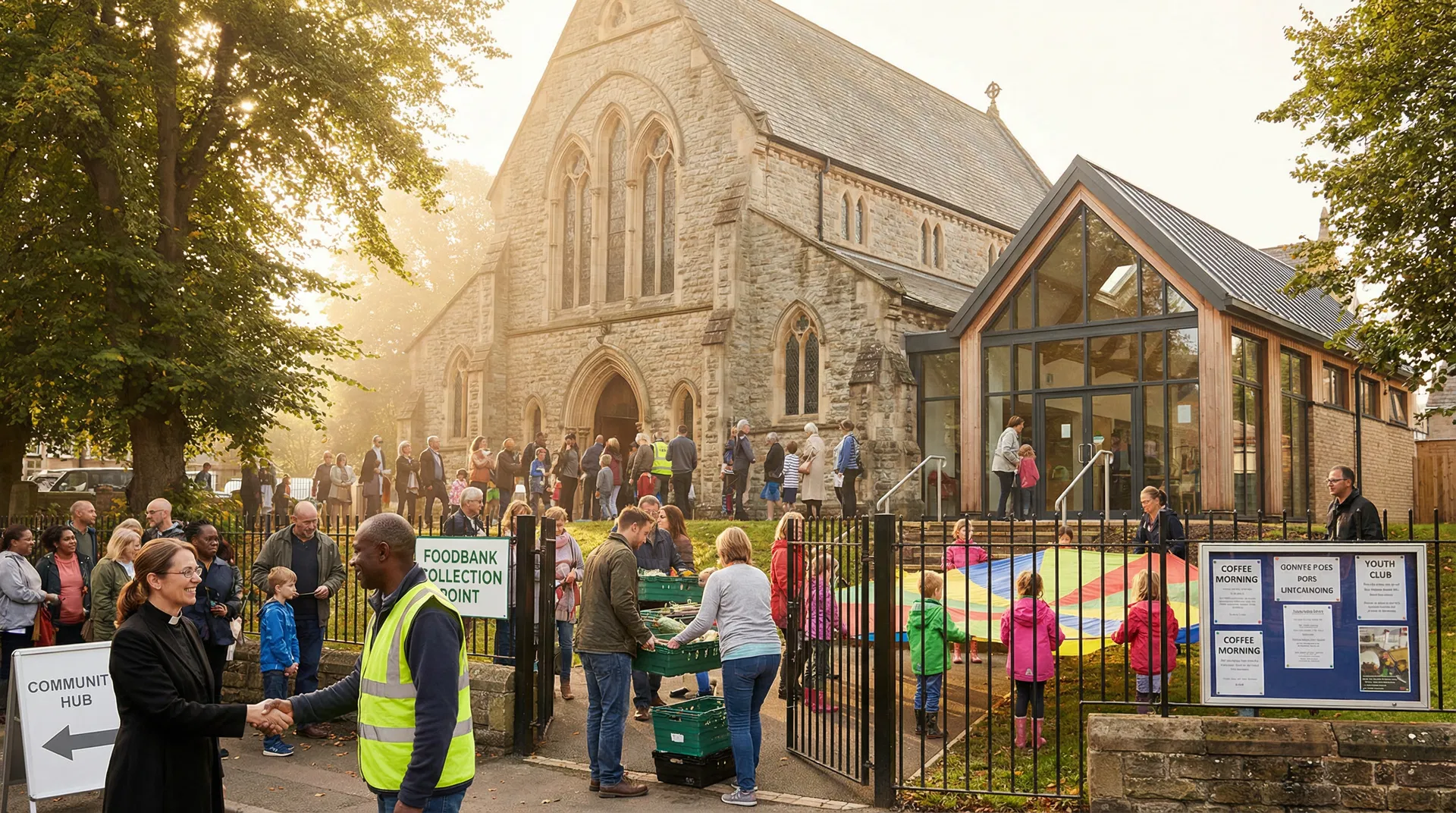 A thriving UK church with a modern community centre extension, diverse congregation and community gathering outside with a foodbank collection point and community hub sign