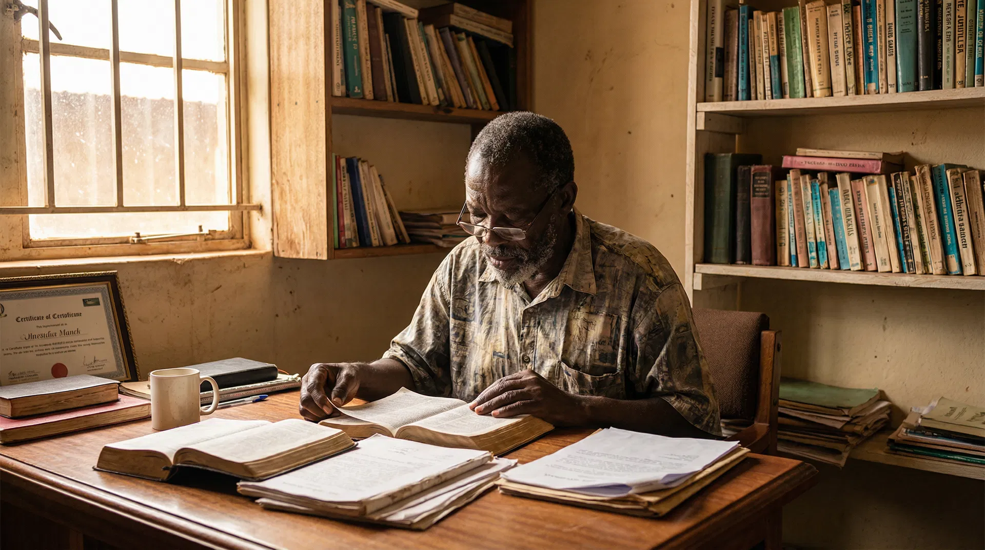 An African pastor reading books in local languages in a modest study